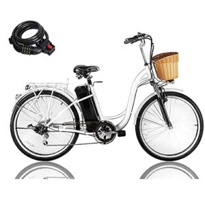 Electric Cruiser Bike with Basket Male Electric Bike for Adult Electric Bicycle Ebike 18-22MPH City Commuter Ebike High Brushless Gear Motor 6-Speed Gear Step Thru Ebikes for Female