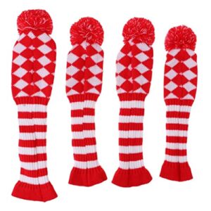 pistro 4Pcs Pom Pom Knit Headcover Long Neck Driver - Red