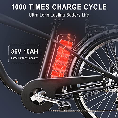 Electric Cruiser Bike with Basket Male Electric Bike for Adult Electric Bicycle Ebike 18-22MPH City Commuter Ebike High Brushless Gear Motor 6-Speed Gear Step Thru Ebikes for Female