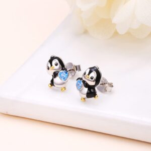 925 Sterling Silver Cute Animal Gold Plated Black Penguin Hold Blue Heart CZ Stud Earrings for Women Daughter Birthday Earrings Penguin Lover