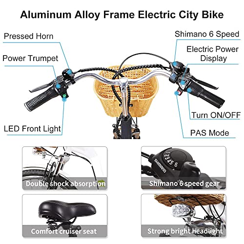 Electric Cruiser Bike with Basket Male Electric Bike for Adult Electric Bicycle Ebike 18-22MPH City Commuter Ebike High Brushless Gear Motor 6-Speed Gear Step Thru Ebikes for Female