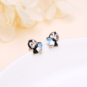 925 Sterling Silver Cute Animal Gold Plated Black Penguin Hold Blue Heart CZ Stud Earrings for Women Daughter Birthday Earrings Penguin Lover