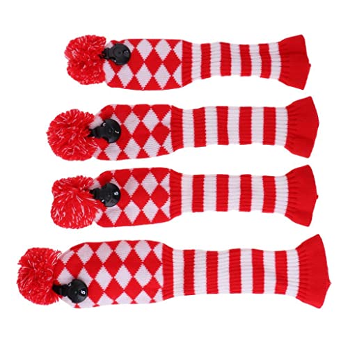 pistro 4Pcs Pom Pom Knit Headcover Long Neck Driver - Red