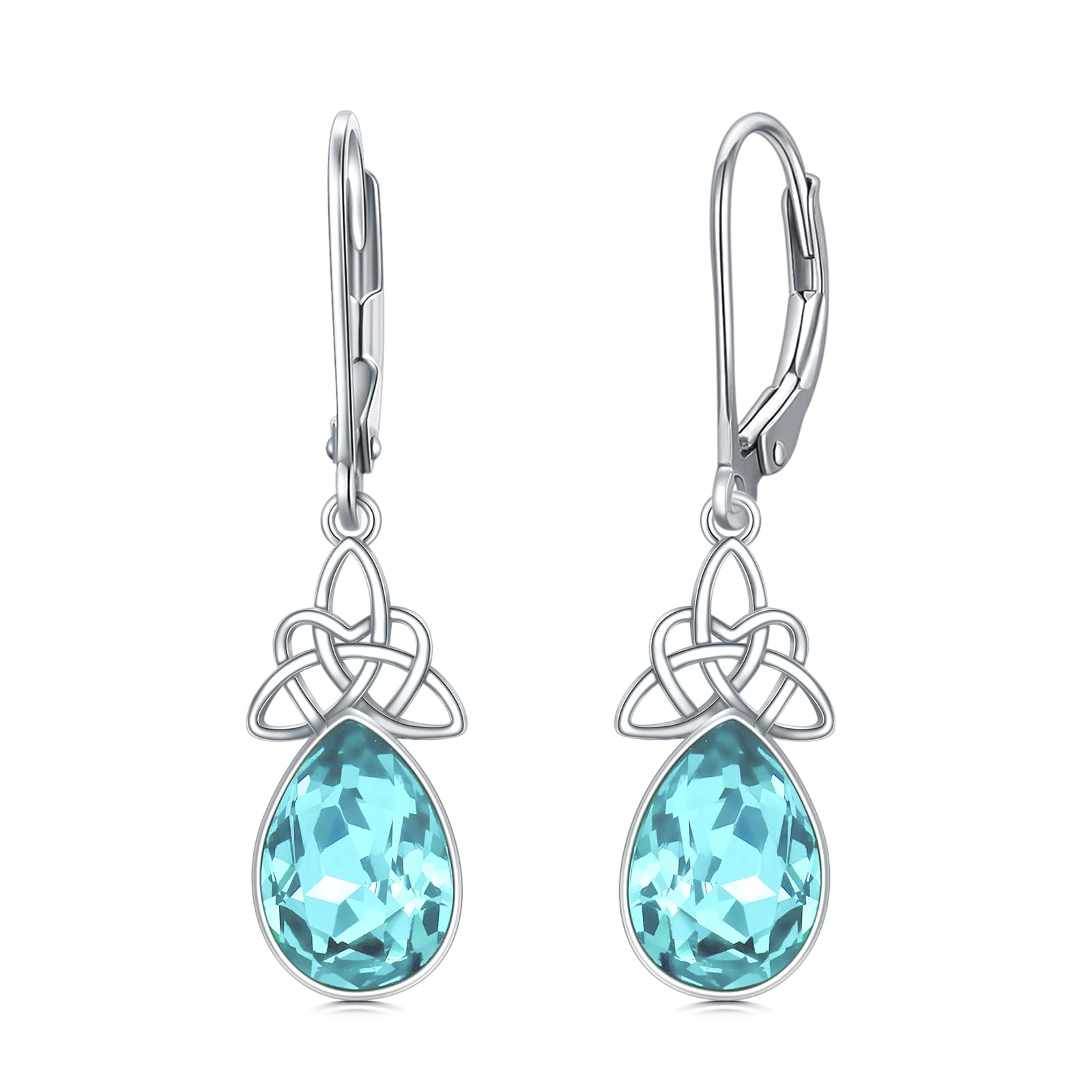 VONALA Celtic Knot Earrings 925 Sterling Silver Aquamarine Earrings Blue Crystal Leverback Dangle Earrings March Birthstone Earrings for Women