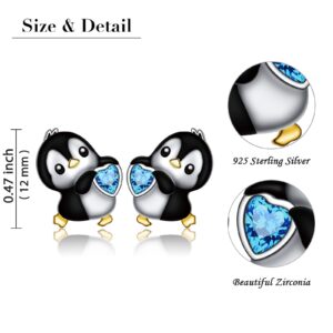 925 Sterling Silver Cute Animal Gold Plated Black Penguin Hold Blue Heart CZ Stud Earrings for Women Daughter Birthday Earrings Penguin Lover