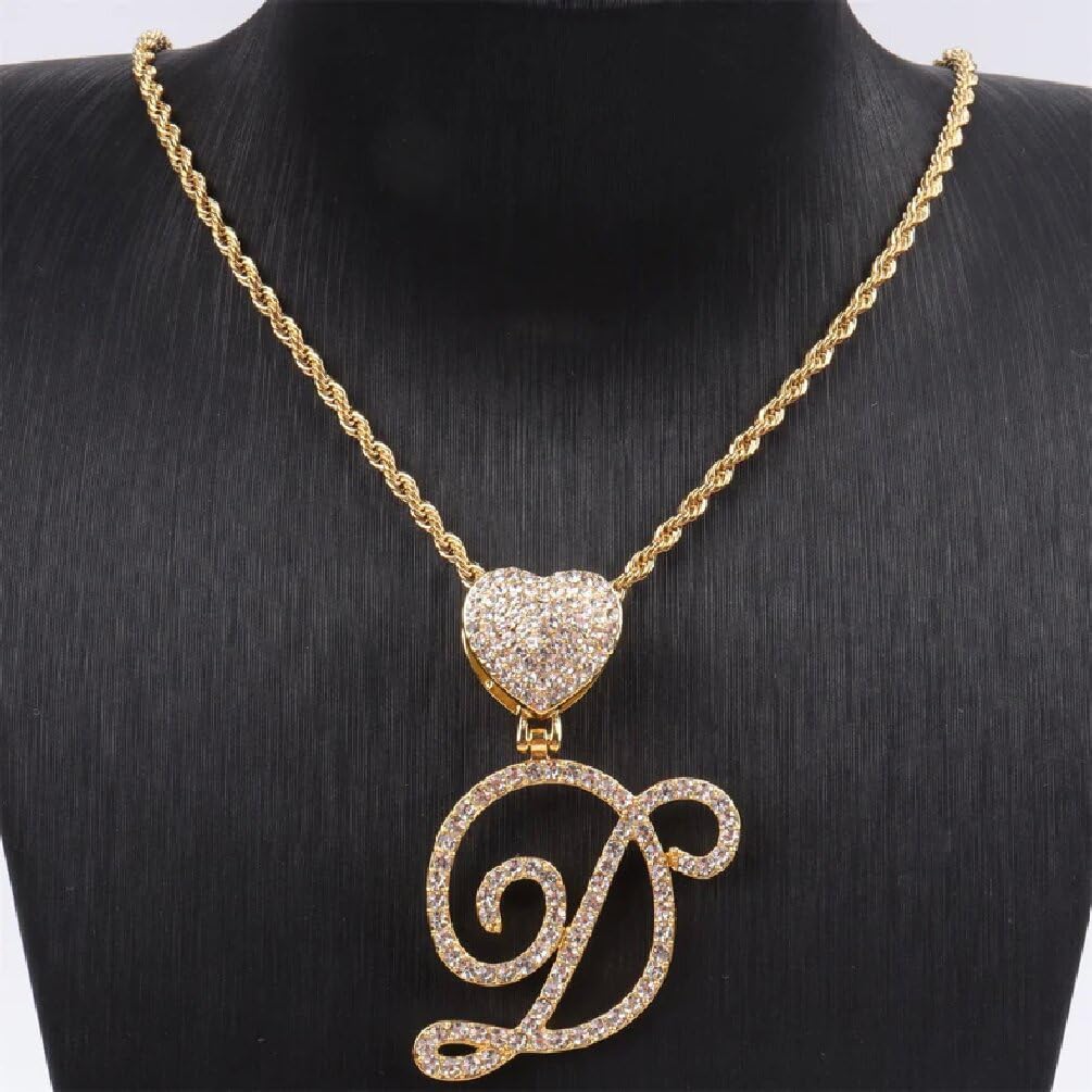 SXNK7 Cursive Initial Necklace for Women Men 18K Gold Plated A-Z Letters Pendant Necklace with Rope Chain Hip Hop Iced Out Heart Alphabet Necklace Jewelry Gifts (Gold D)