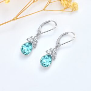 VONALA Celtic Knot Earrings 925 Sterling Silver Aquamarine Earrings Blue Crystal Leverback Dangle Earrings March Birthstone Earrings for Women