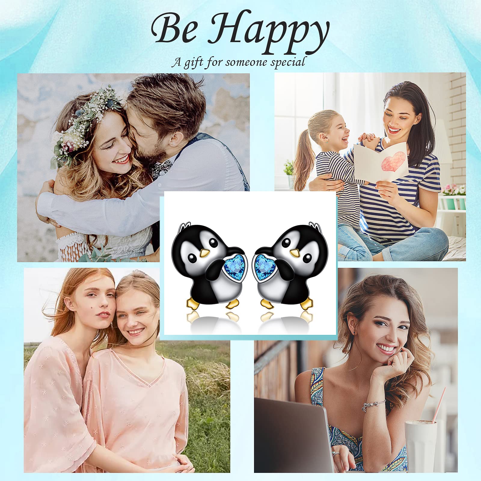 925 Sterling Silver Cute Animal Gold Plated Black Penguin Hold Blue Heart CZ Stud Earrings for Women Daughter Birthday Earrings Penguin Lover