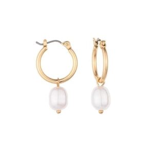 ettika pearl earrings. huggie, hoop earrings, gold pearl earrings, 2-in-1 gold tone plated with removable charm.