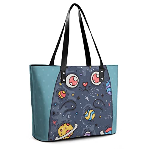 Womens Handbag Planet Moon Space Cat Leather Tote Bag Top Handle Satchel Bags For Lady