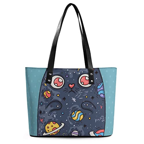 Womens Handbag Planet Moon Space Cat Leather Tote Bag Top Handle Satchel Bags For Lady