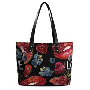 Womens Handbag Lips Flower Leather Tote Bag Top Handle Satchel Bags For Lady