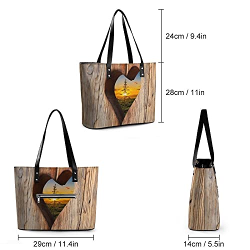 Womens Handbag Wood Heart Sunset Leather Tote Bag Top Handle Satchel Bags For Lady