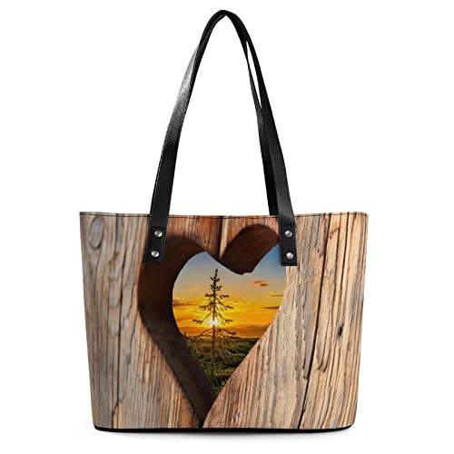 Womens Handbag Wood Heart Sunset Leather Tote Bag Top Handle Satchel Bags For Lady