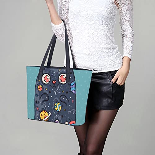 Womens Handbag Planet Moon Space Cat Leather Tote Bag Top Handle Satchel Bags For Lady