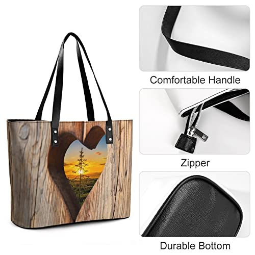 Womens Handbag Wood Heart Sunset Leather Tote Bag Top Handle Satchel Bags For Lady