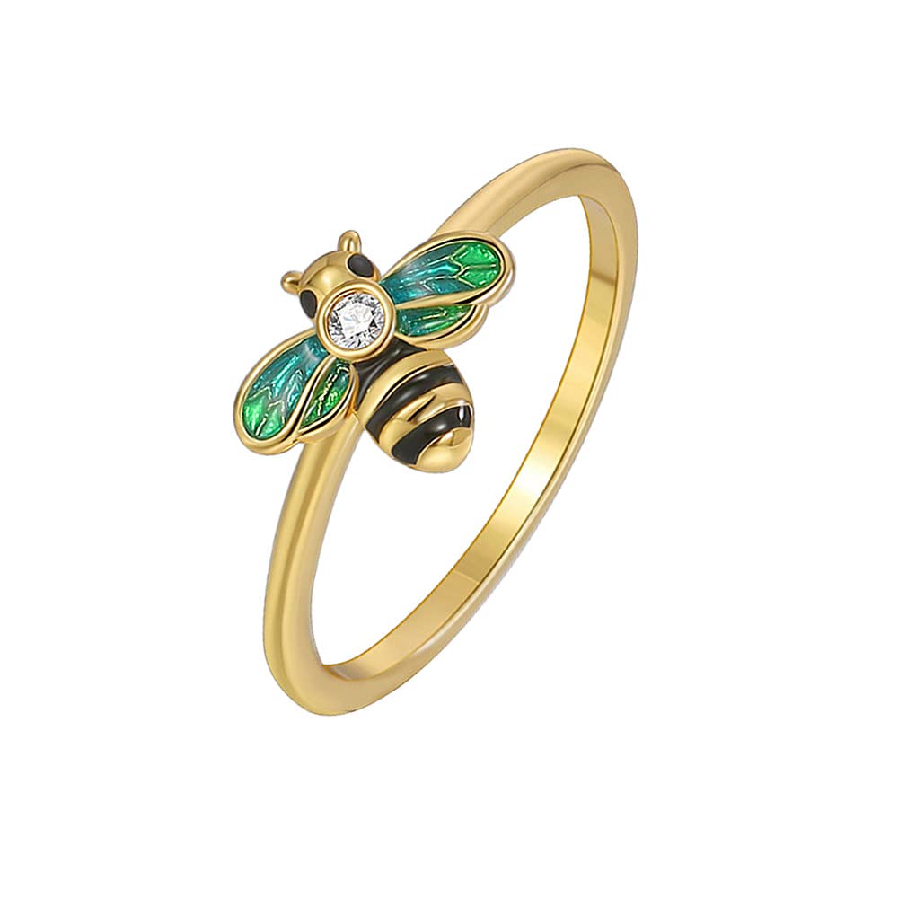 CZ Bee Promise Band Ring for Women 14K Gold Plated Dainty Cute Crystal Blue Green Bumblebee Honeybee Statement Stackable Finger Rings Comfort Fit Fashion Birthday Wedding Holiday Jewelry Gift Size 8