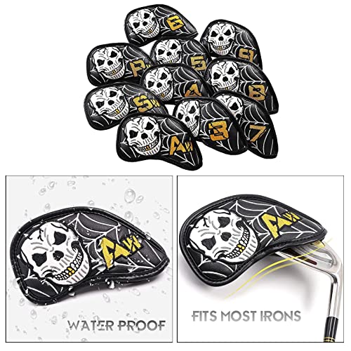 BESSTUUP 10pcs Golf Head Covers for Irons Putter, Sticker PU Leather Skull Pattern Golf Irons Headcovers Covers, Gigfts for Golfer Men Women