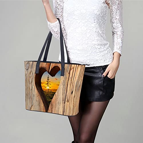 Womens Handbag Wood Heart Sunset Leather Tote Bag Top Handle Satchel Bags For Lady