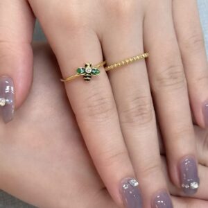 CZ Bee Promise Band Ring for Women 14K Gold Plated Dainty Cute Crystal Blue Green Bumblebee Honeybee Statement Stackable Finger Rings Comfort Fit Fashion Birthday Wedding Holiday Jewelry Gift Size 8