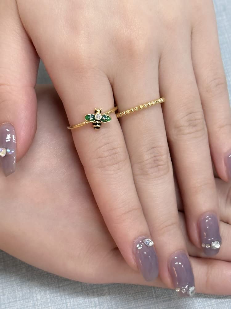 CZ Bee Promise Band Ring for Women 14K Gold Plated Dainty Cute Crystal Blue Green Bumblebee Honeybee Statement Stackable Finger Rings Comfort Fit Fashion Birthday Wedding Holiday Jewelry Gift Size 8