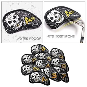 BESSTUUP 10pcs Golf Head Covers for Irons Putter, Sticker PU Leather Skull Pattern Golf Irons Headcovers Covers, Gigfts for Golfer Men Women