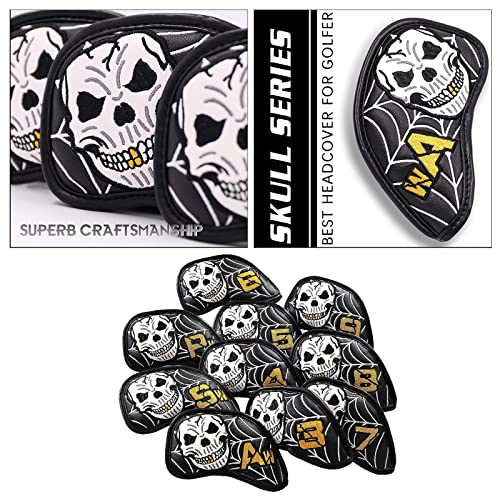 BESSTUUP 10pcs Golf Head Covers for Irons Putter, Sticker PU Leather Skull Pattern Golf Irons Headcovers Covers, Gigfts for Golfer Men Women