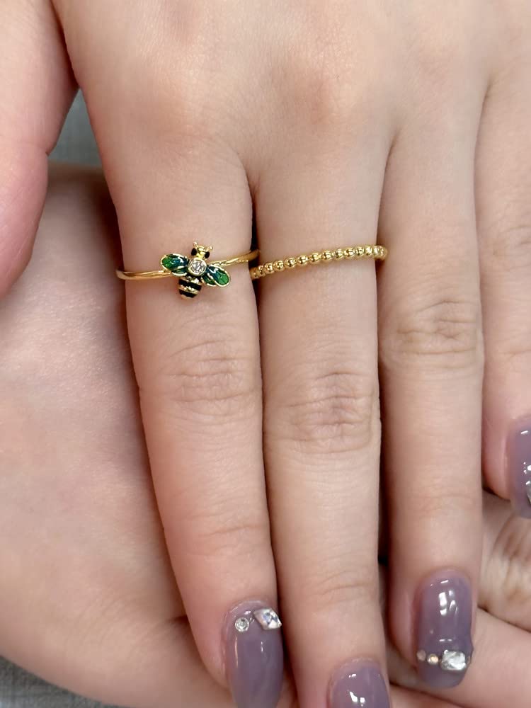 CZ Bee Promise Band Ring for Women 14K Gold Plated Dainty Cute Crystal Blue Green Bumblebee Honeybee Statement Stackable Finger Rings Comfort Fit Fashion Birthday Wedding Holiday Jewelry Gift Size 8