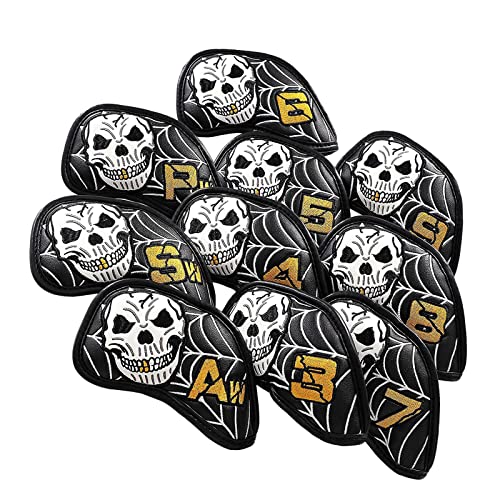 BESSTUUP 10pcs Golf Head Covers for Irons Putter, Sticker PU Leather Skull Pattern Golf Irons Headcovers Covers, Gigfts for Golfer Men Women