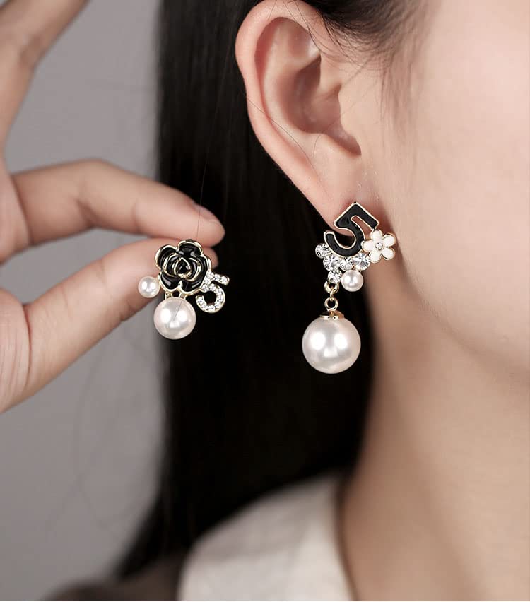 Imitation Pearl Elegant Rhinestone Drop Earrings Number Five Asymmetrical Earrings