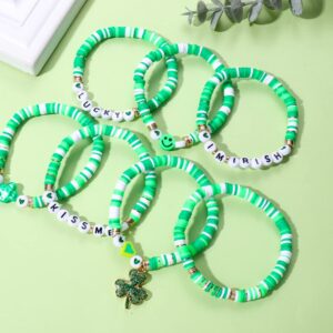 FAERLIIRY St. Patrick's Day Bracelets for Women Beaded Heishi Bracelets Preppy Surfer Bracelets Green Bead Bracelets Shamrock Luck Charm Bracelet Irish Party Jewelry (Green)