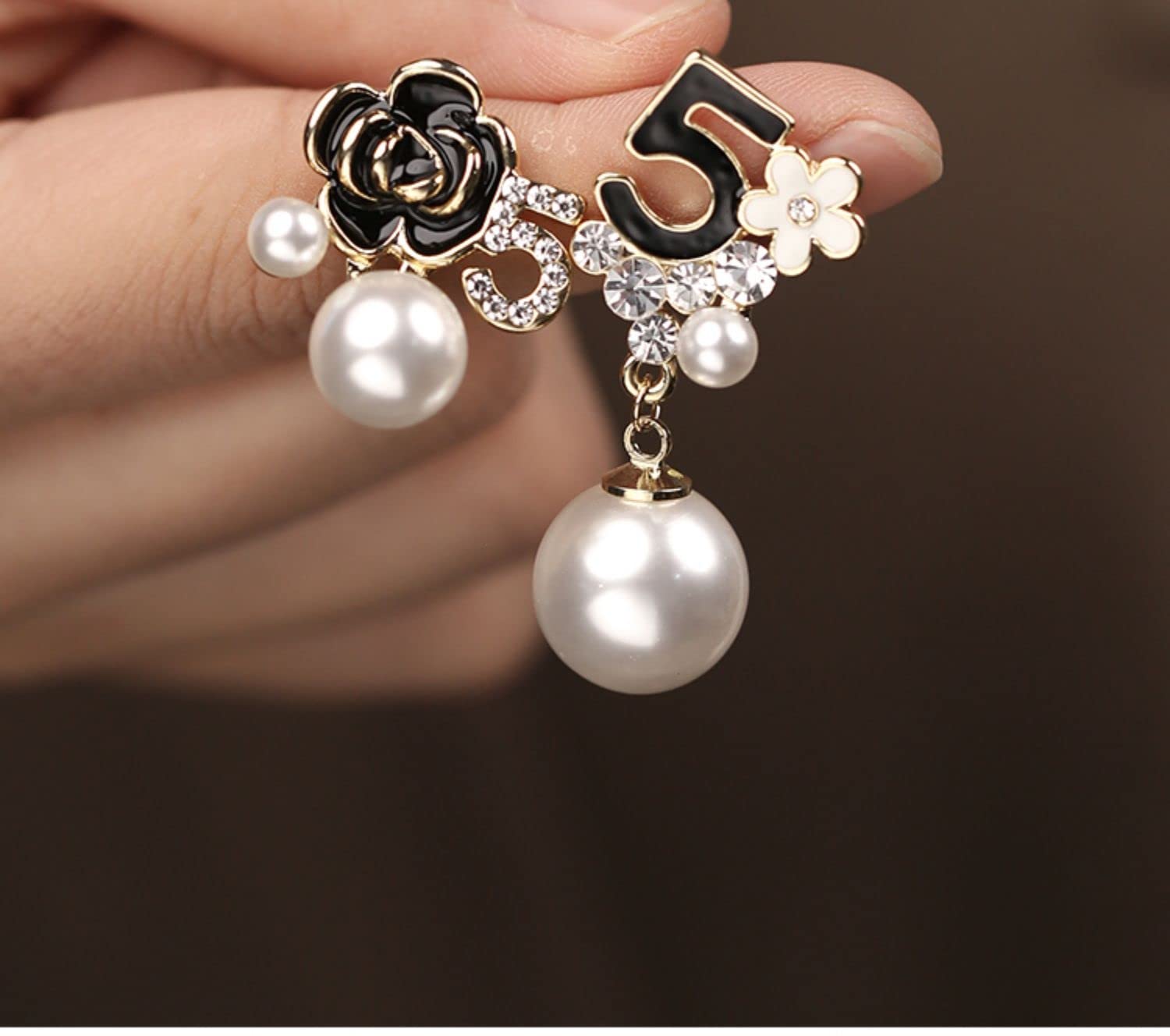 Imitation Pearl Elegant Rhinestone Drop Earrings Number Five Asymmetrical Earrings