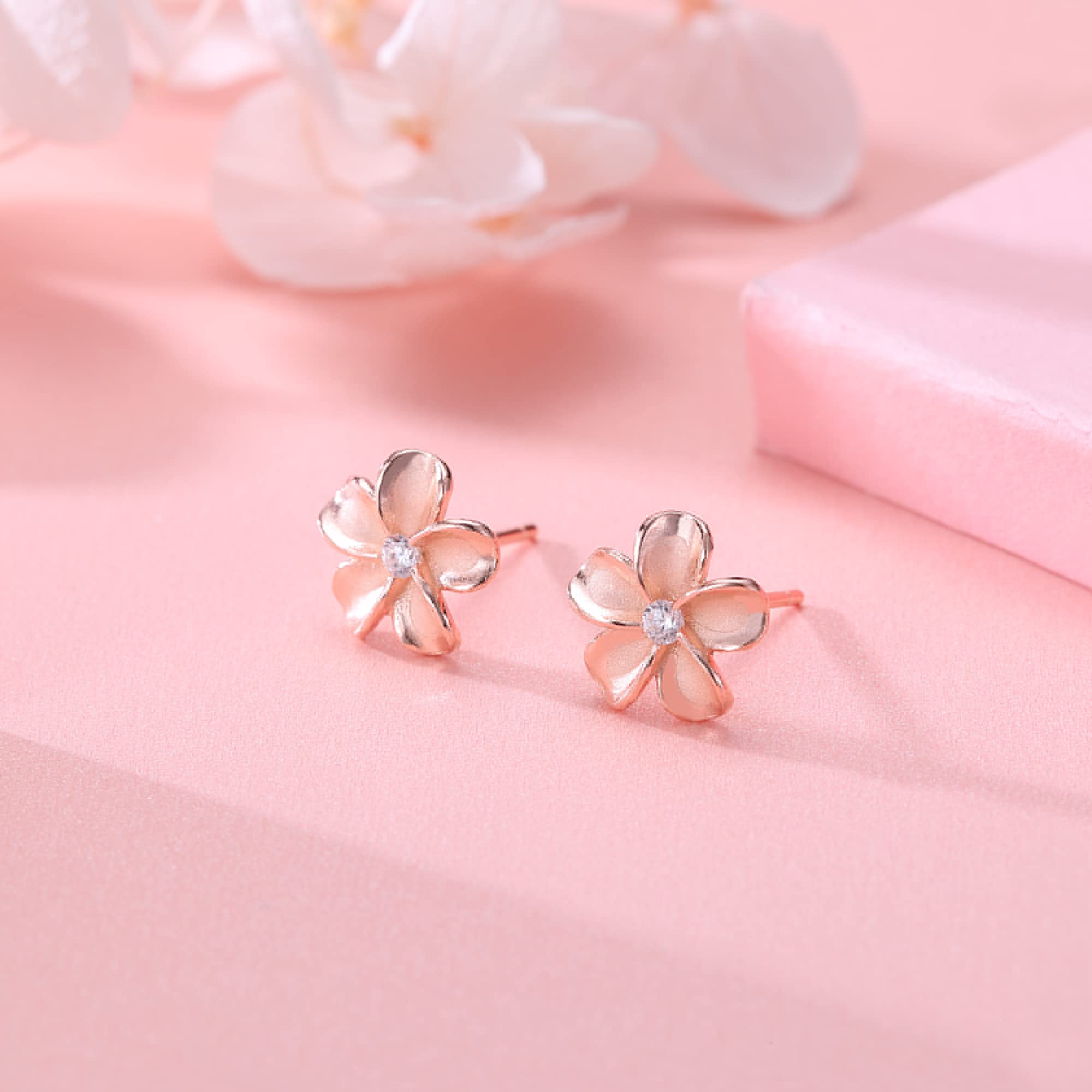 Reffeer Solid 925 Sterling Silver Plumeria Flower Stud Earrings for Women Teen Girls Crystal Flower Stud Earrings (C-Rose Gold)