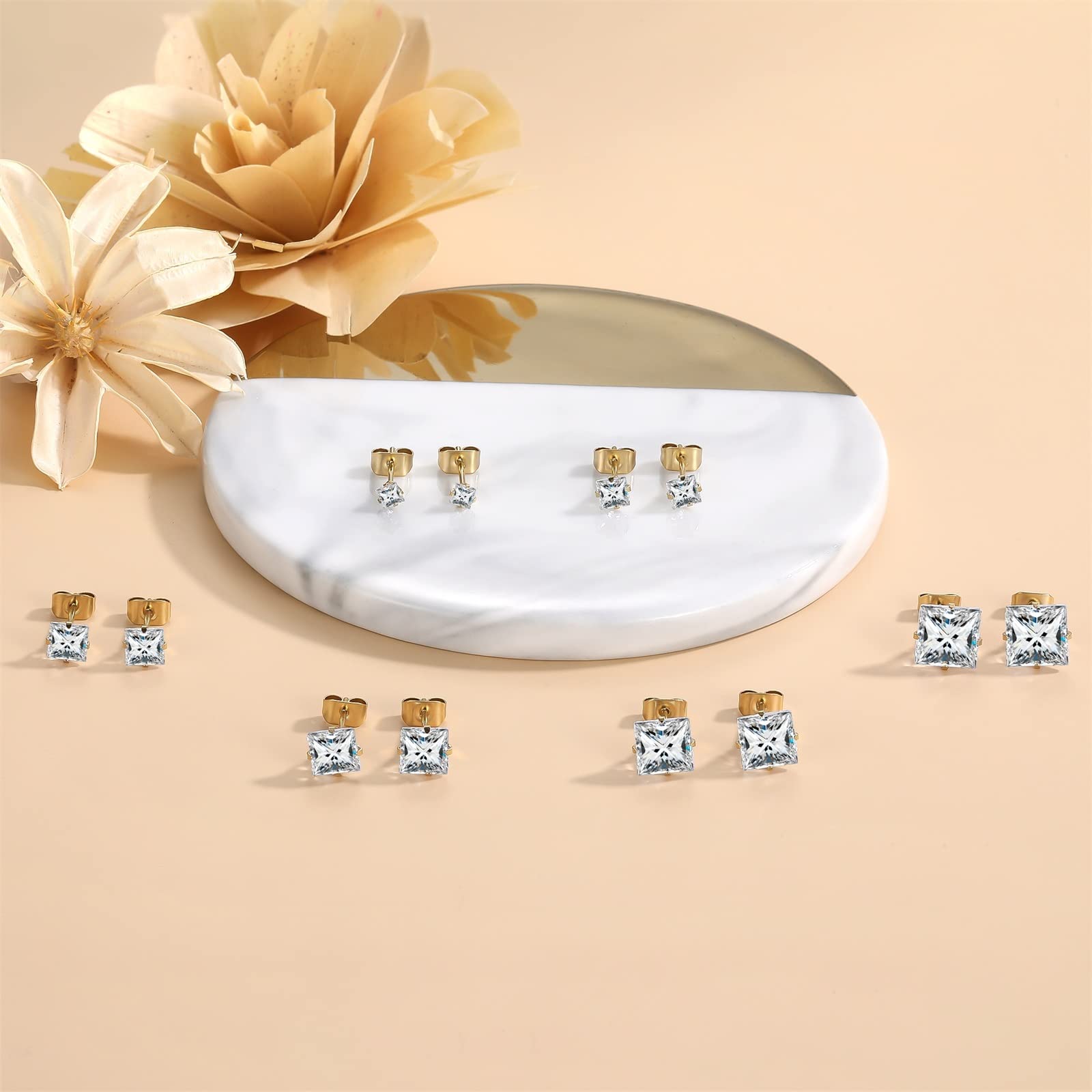 Gold Earrings Studs: LUCKYPADS Cubic Zirconia Earrings Studs 12 Pairs 14k Gold Plated Studs Earrings for Women Men Hypoallergenic Stainless Steel Stud Earrings Pack CZ Studs Earrings