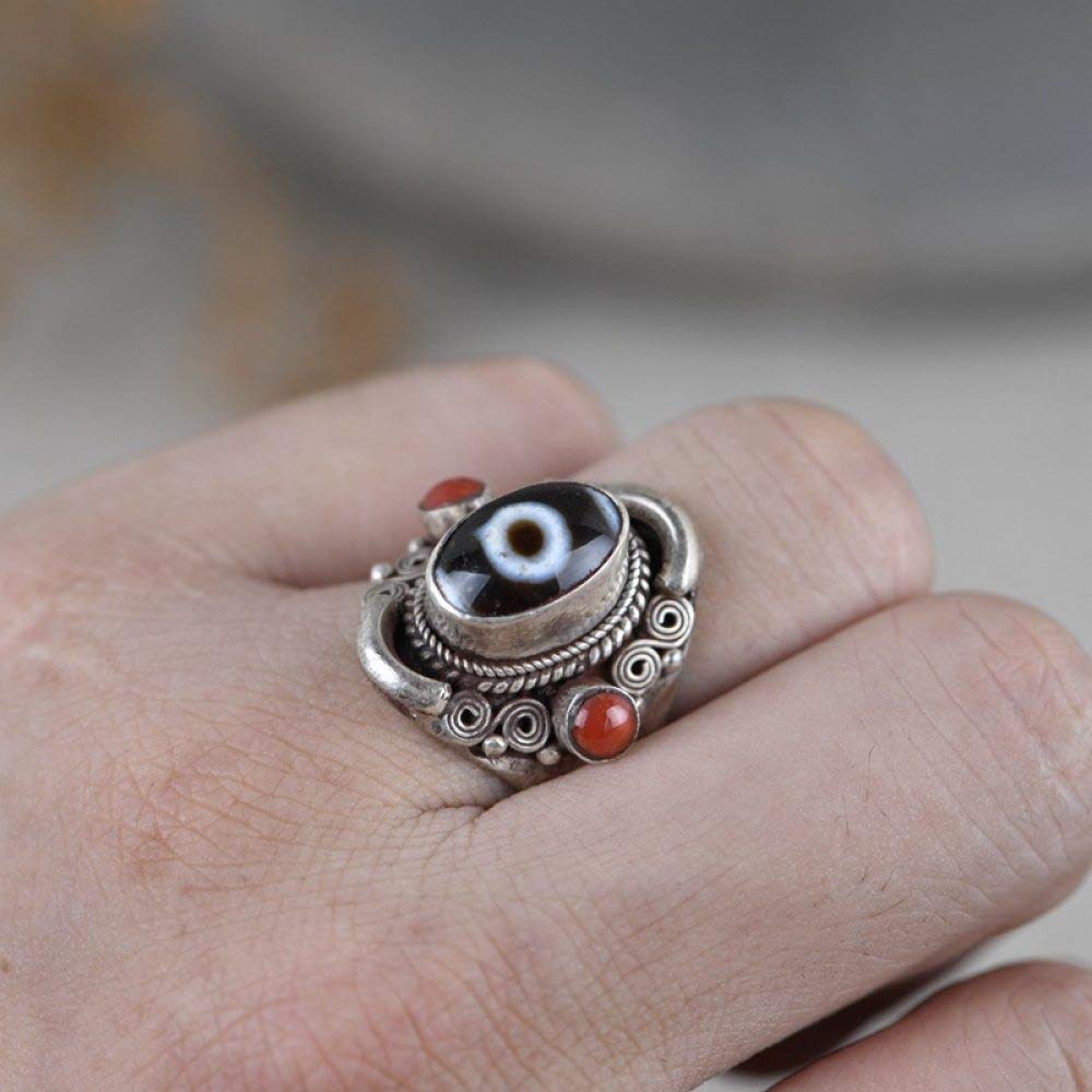 925 Sterling Silver Ring,Adjustable Ring Vintage Ethnic Dzi Bead Agate Inlaid Open Ring Tribal Civilization Orment Persolity Avant-Garde Fashion Jewelry Gift