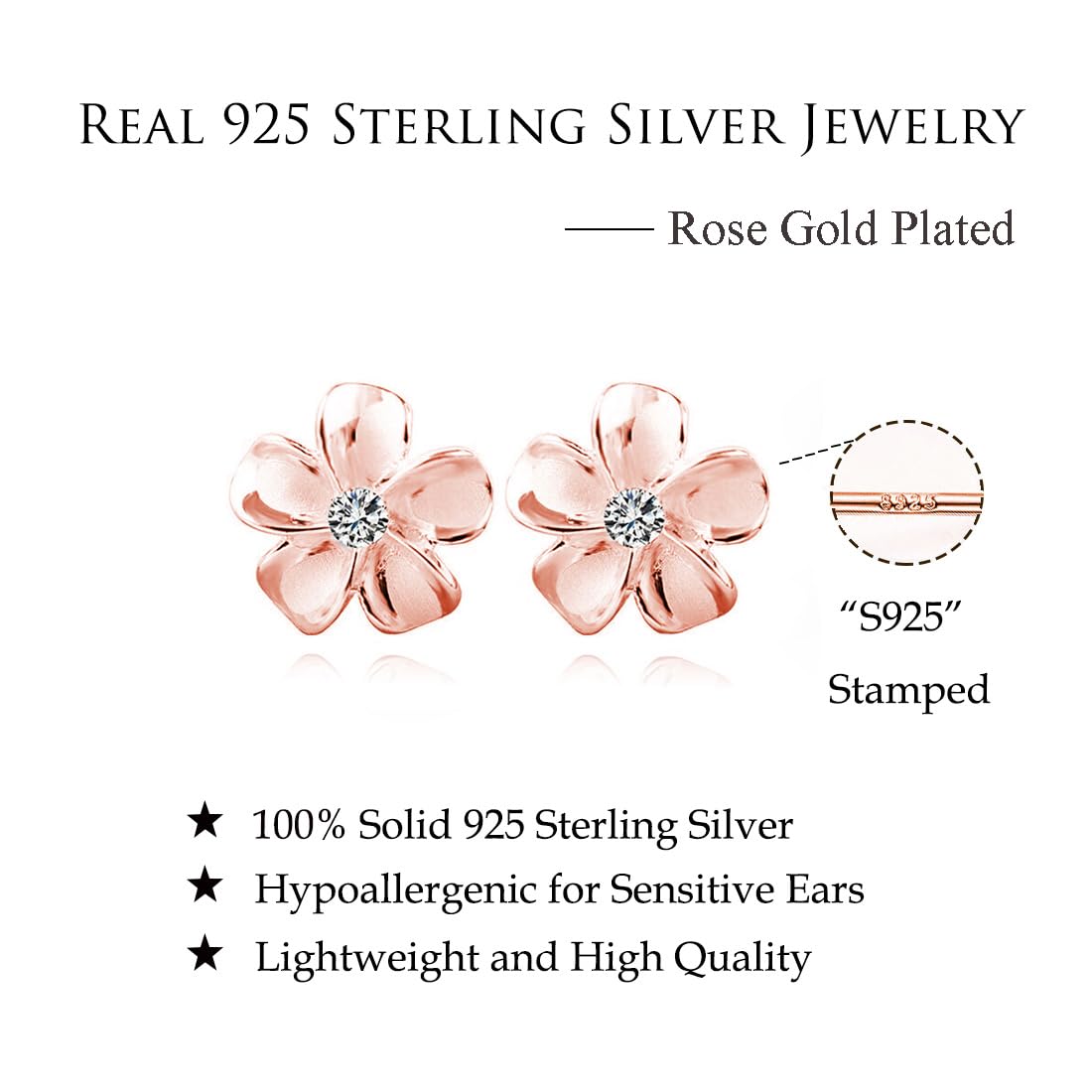 Reffeer Solid 925 Sterling Silver Plumeria Flower Stud Earrings for Women Teen Girls Crystal Flower Stud Earrings (C-Rose Gold)