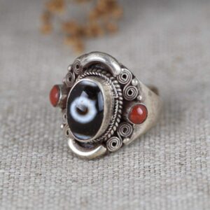 925 Sterling Silver Ring,Adjustable Ring Vintage Ethnic Dzi Bead Agate Inlaid Open Ring Tribal Civilization Orment Persolity Avant-Garde Fashion Jewelry Gift