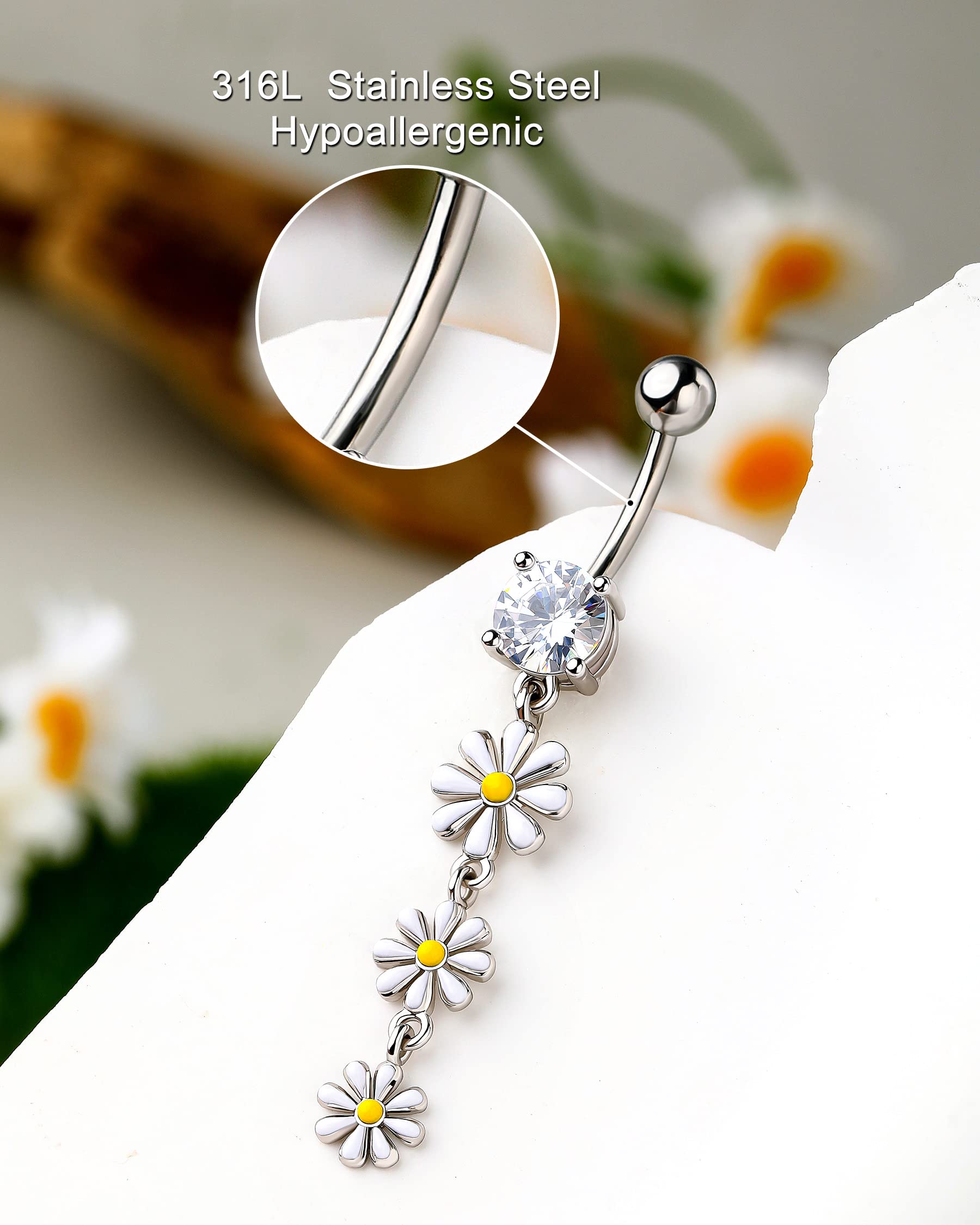 Melighting Dangle Belly Button Rings 14G Belly Rings Stainless Steel 316L Flower Belly Piercing Jewelry for Women Belly Piercing Navel Barbell Body Piercing Jewelry