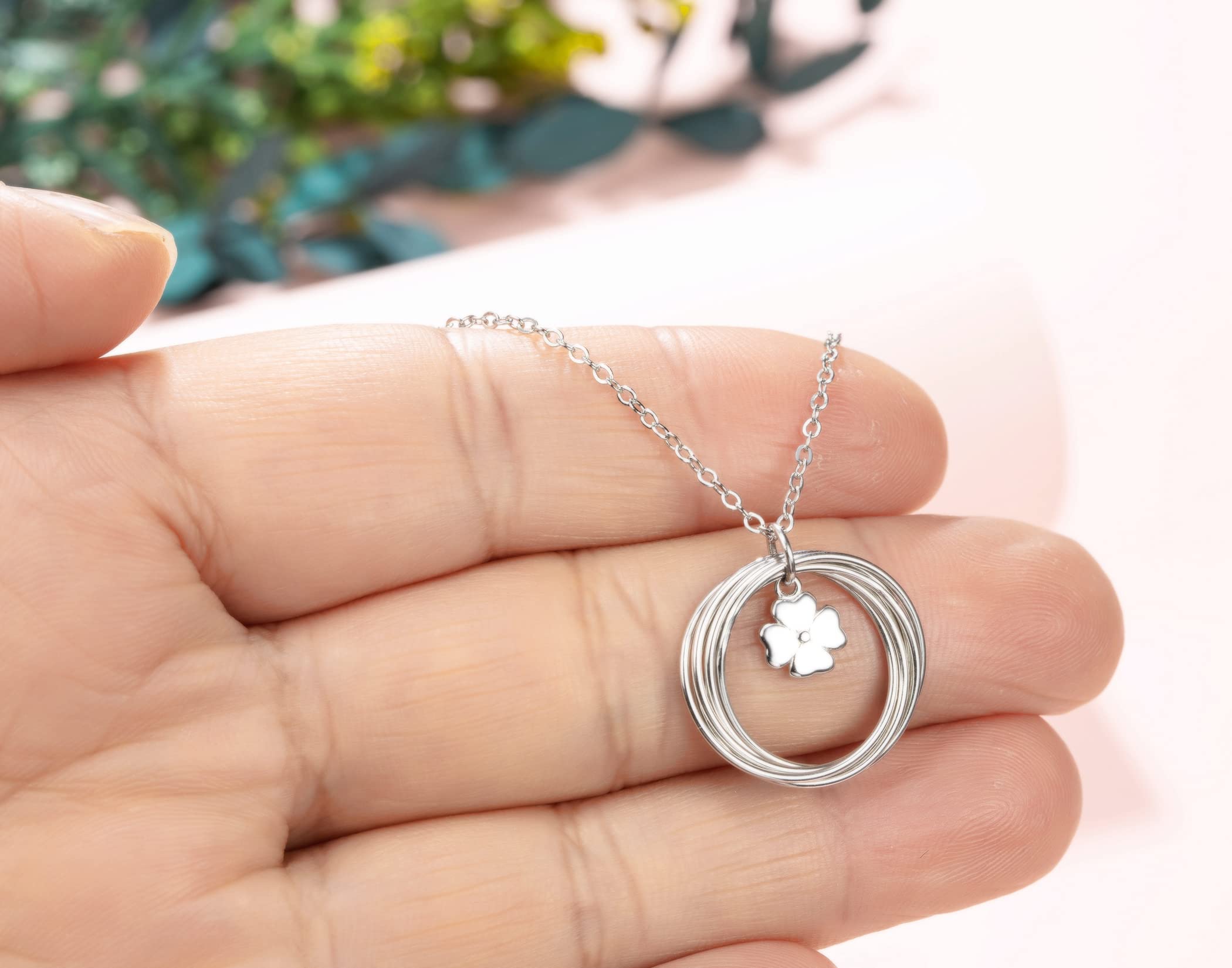 60th Birthday Gifts for Women Sterling Silver Six Ronud Circles Four Leaf Clover Necklace for Women Birthday Gifts