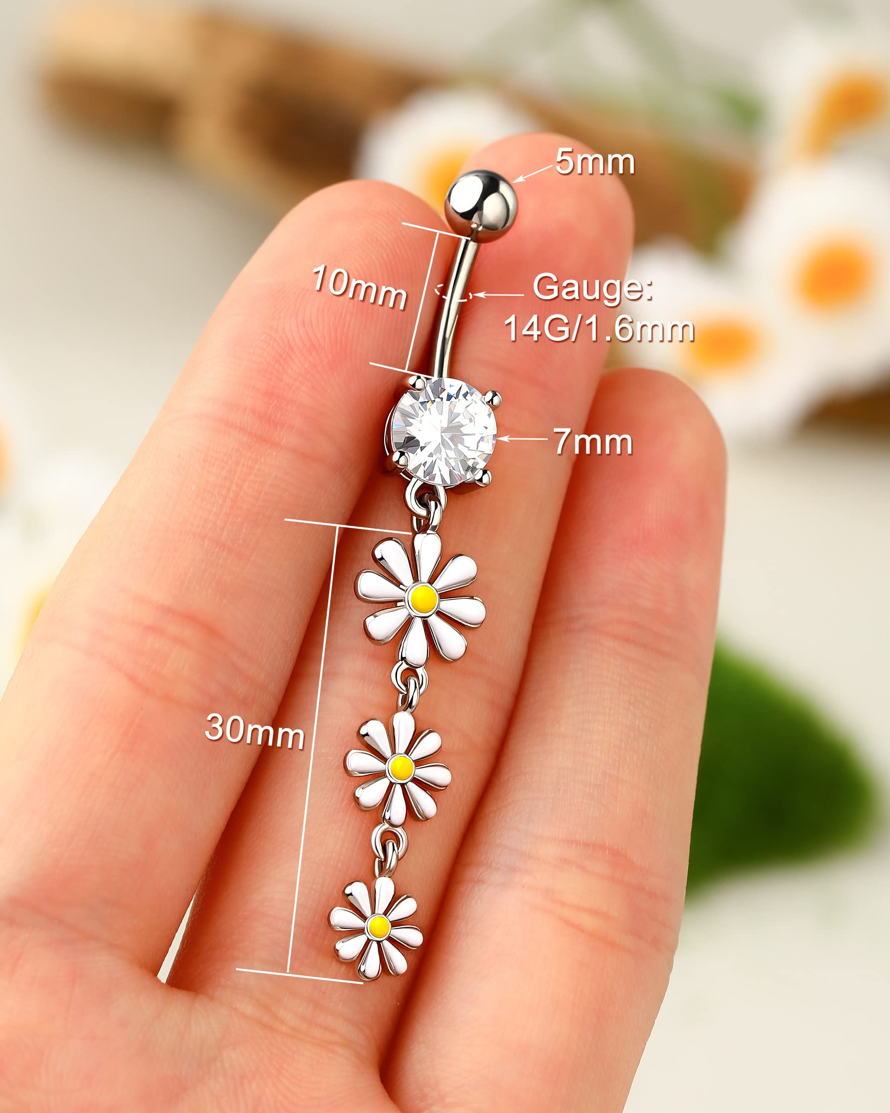 Melighting Dangle Belly Button Rings 14G Belly Rings Stainless Steel 316L Flower Belly Piercing Jewelry for Women Belly Piercing Navel Barbell Body Piercing Jewelry