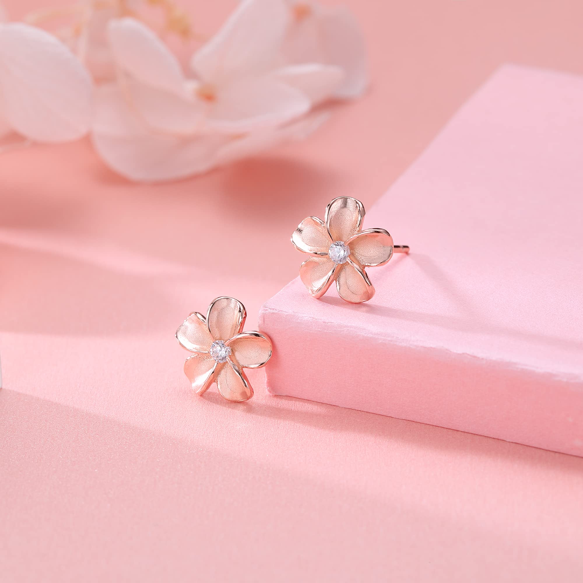 Reffeer Solid 925 Sterling Silver Plumeria Flower Stud Earrings for Women Teen Girls Crystal Flower Stud Earrings (C-Rose Gold)