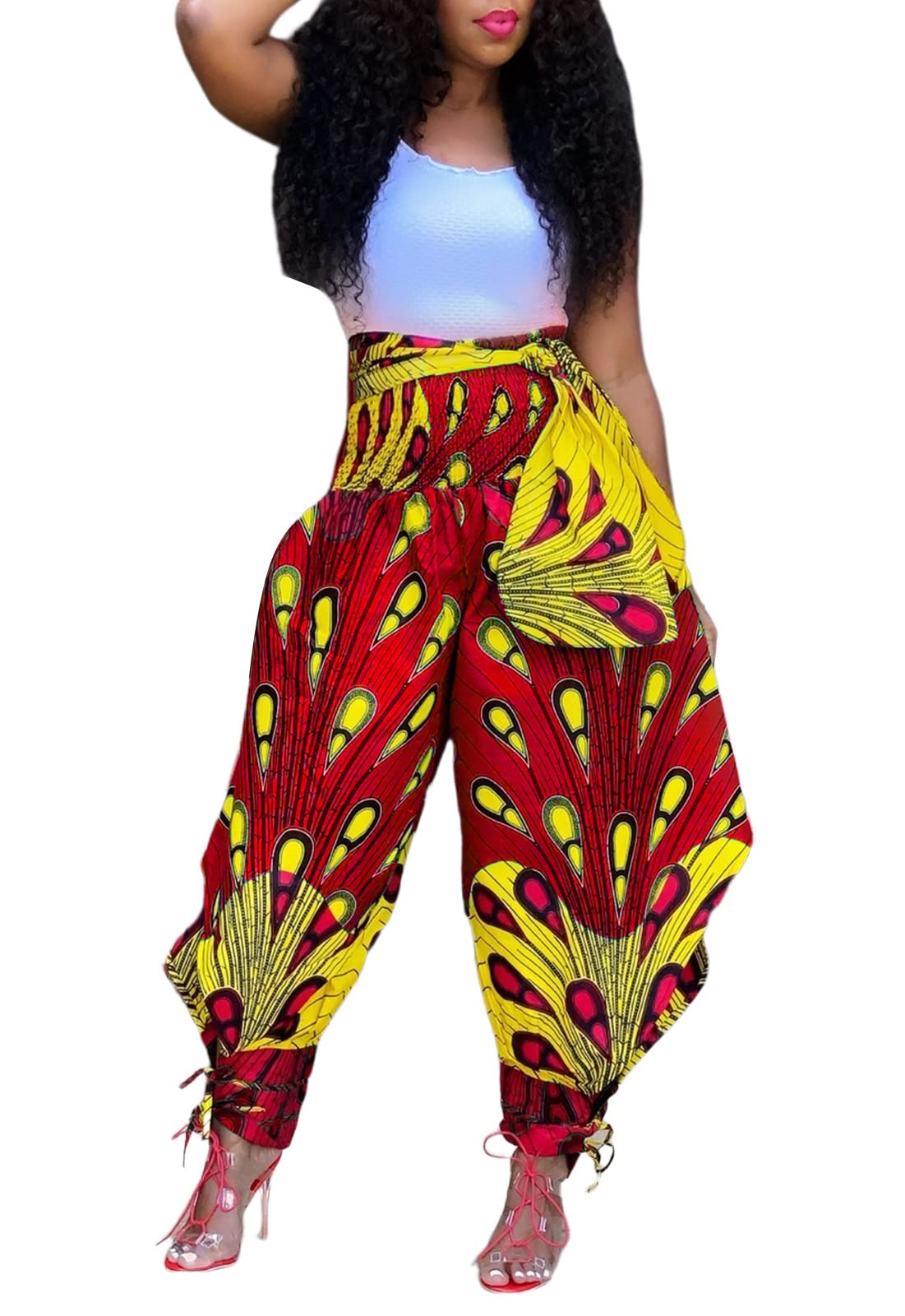 Women's Yoga Harem Pants Afriacan Print Joggers Hippie Bohemian Palazzo Lounges with Pockets Red