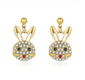 crystal bunny earrings for women, shiny rhinestones, lightweight hypoallergenic gold/silver animal drop earrings (gold)