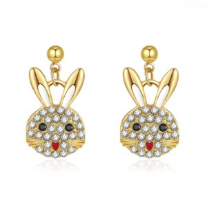 Crystal Bunny Earrings for Women, Shiny Rhinestones, Lightweight Hypoallergenic Gold/Silver Animal Drop Earrings (Gold)