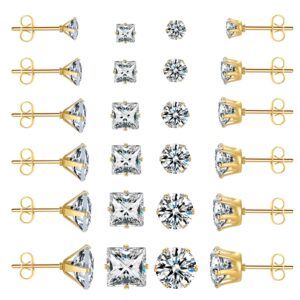 Gold Earrings Studs: LUCKYPADS Cubic Zirconia Earrings Studs 12 Pairs 14k Gold Plated Studs Earrings for Women Men Hypoallergenic Stainless Steel Stud Earrings Pack CZ Studs Earrings