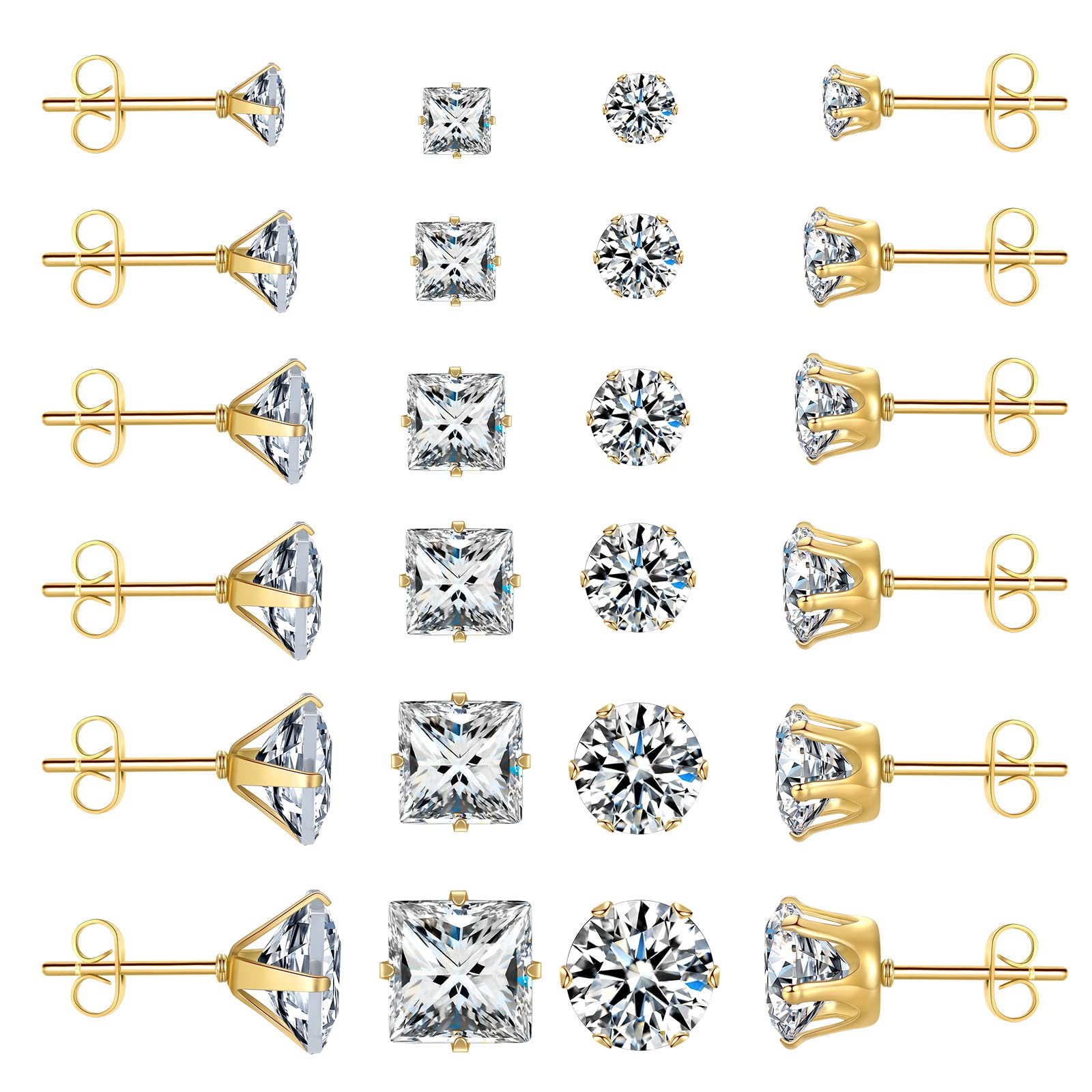 Gold Earrings Studs: LUCKYPADS Cubic Zirconia Earrings Studs 12 Pairs 14k Gold Plated Studs Earrings for Women Men Hypoallergenic Stainless Steel Stud Earrings Pack CZ Studs Earrings