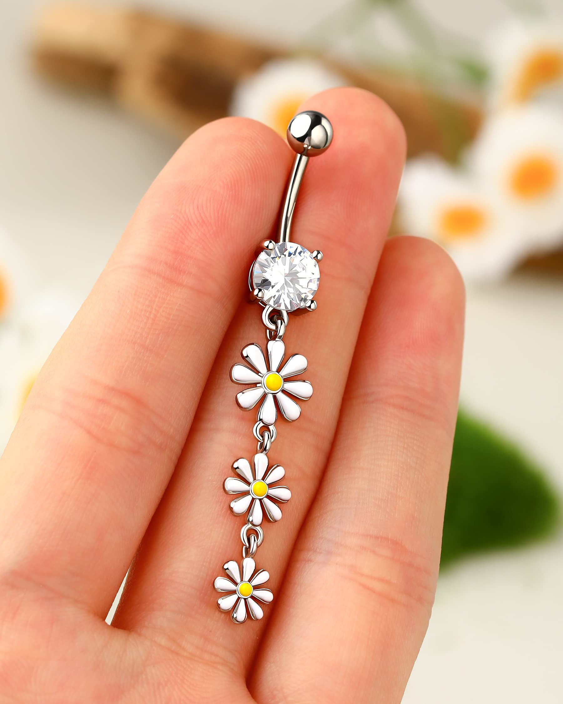 Melighting Dangle Belly Button Rings 14G Belly Rings Stainless Steel 316L Flower Belly Piercing Jewelry for Women Belly Piercing Navel Barbell Body Piercing Jewelry