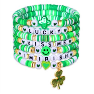 FAERLIIRY St. Patrick's Day Bracelets for Women Beaded Heishi Bracelets Preppy Surfer Bracelets Green Bead Bracelets Shamrock Luck Charm Bracelet Irish Party Jewelry (Green)