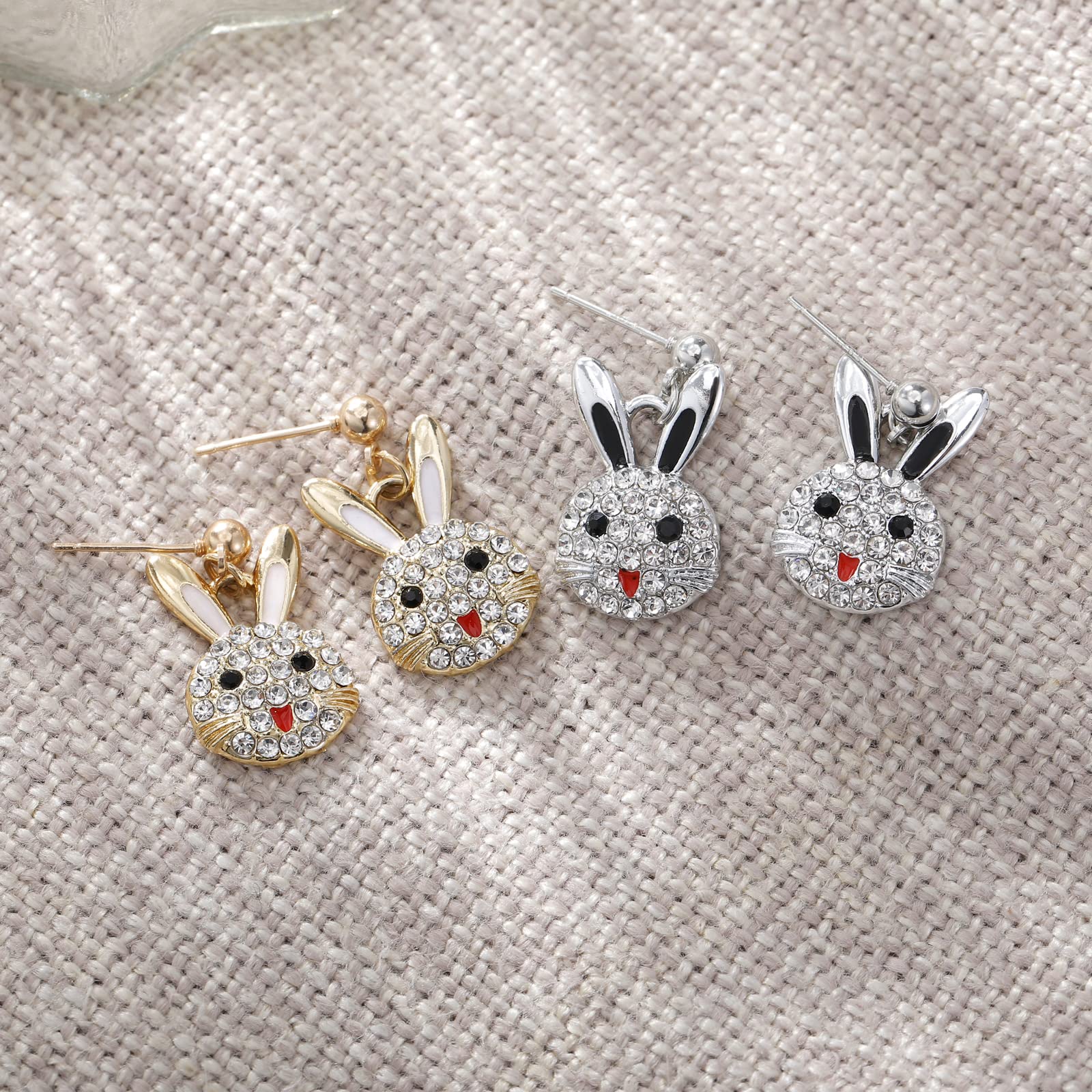 Crystal Bunny Earrings for Women, Shiny Rhinestones, Lightweight Hypoallergenic Gold/Silver Animal Drop Earrings (Gold)