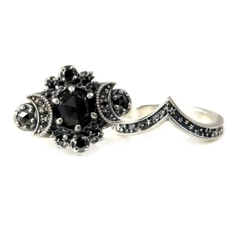 twinkle eye Triple Moon Goddess Ring Set Black Crystal Star Wicca Pagan Cresent For Women Wedding Engagement Wiccan Jewelry(Size 9)